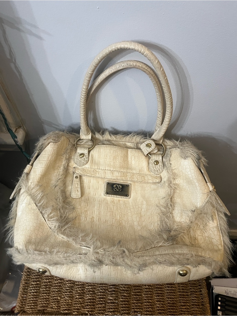 Original by Sharif Cream Faux-Fur Trim Satchel Handbag